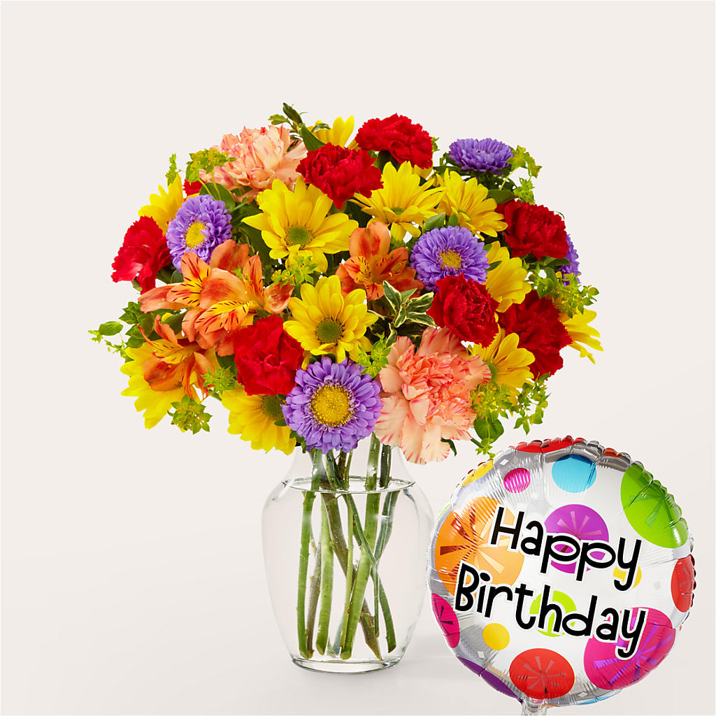 Kaleidoscope Bouquet with Birthday Balloon – RANCHVIEW FLORAL & INTERIORS, Overland Park KS