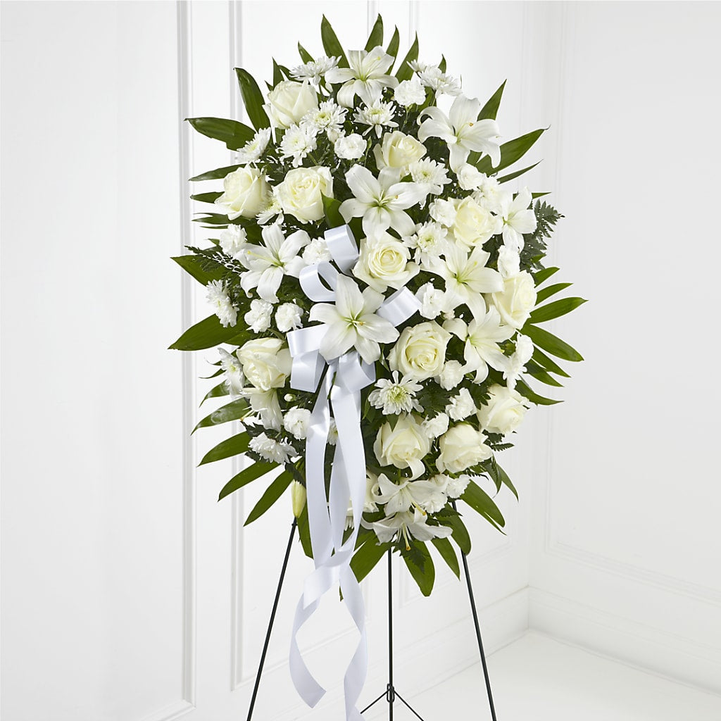 Exquisite Tribute Standing Spray-White Ribbon – RANCHVIEW FLORAL & INTERIORS, Overland Park KS