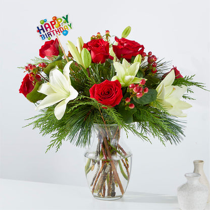 Evergreen Delight Bouquet & Happy Birthday Topper